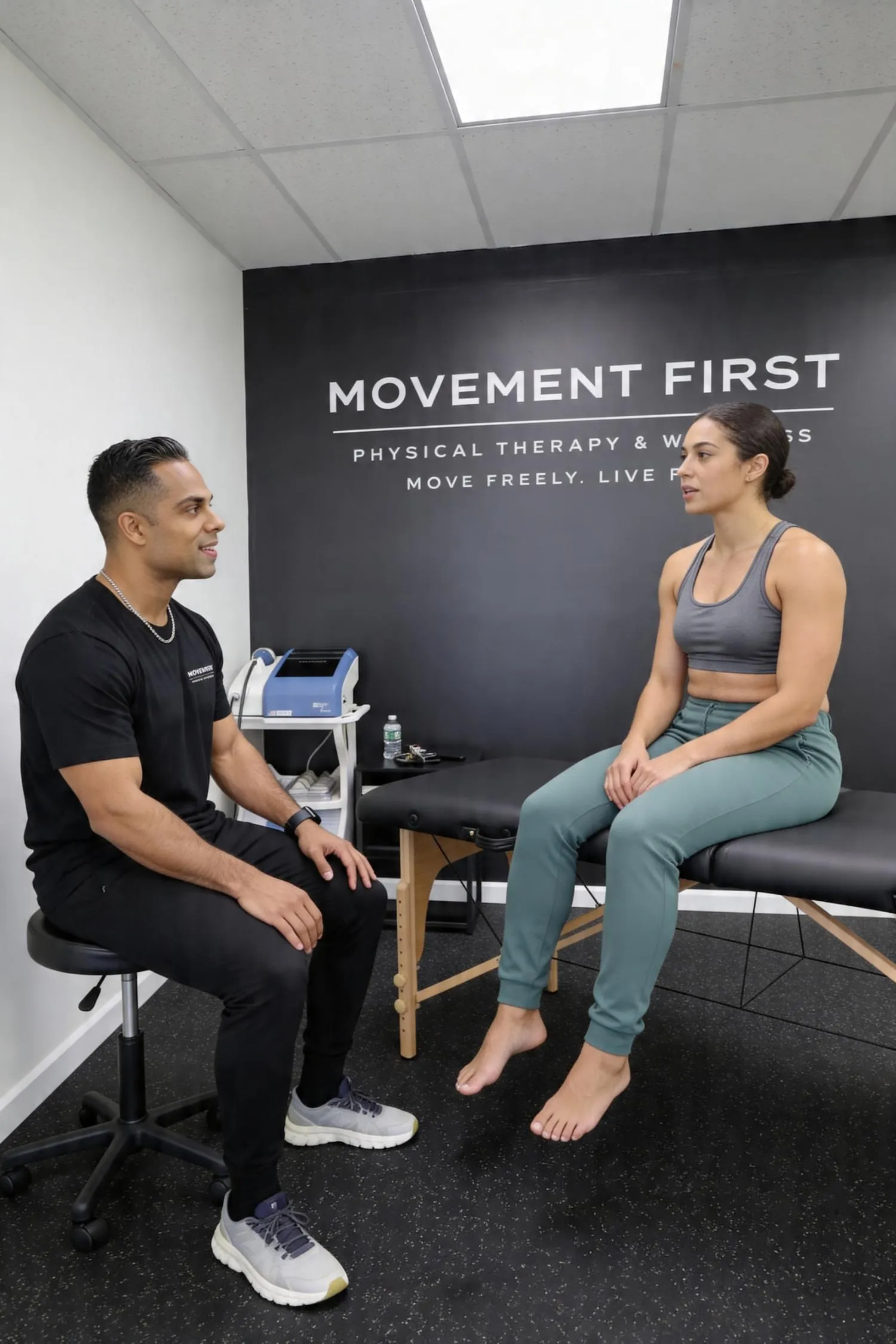 Physical therapist consulting a barefoot woman seated on an exam table in a clinic room.