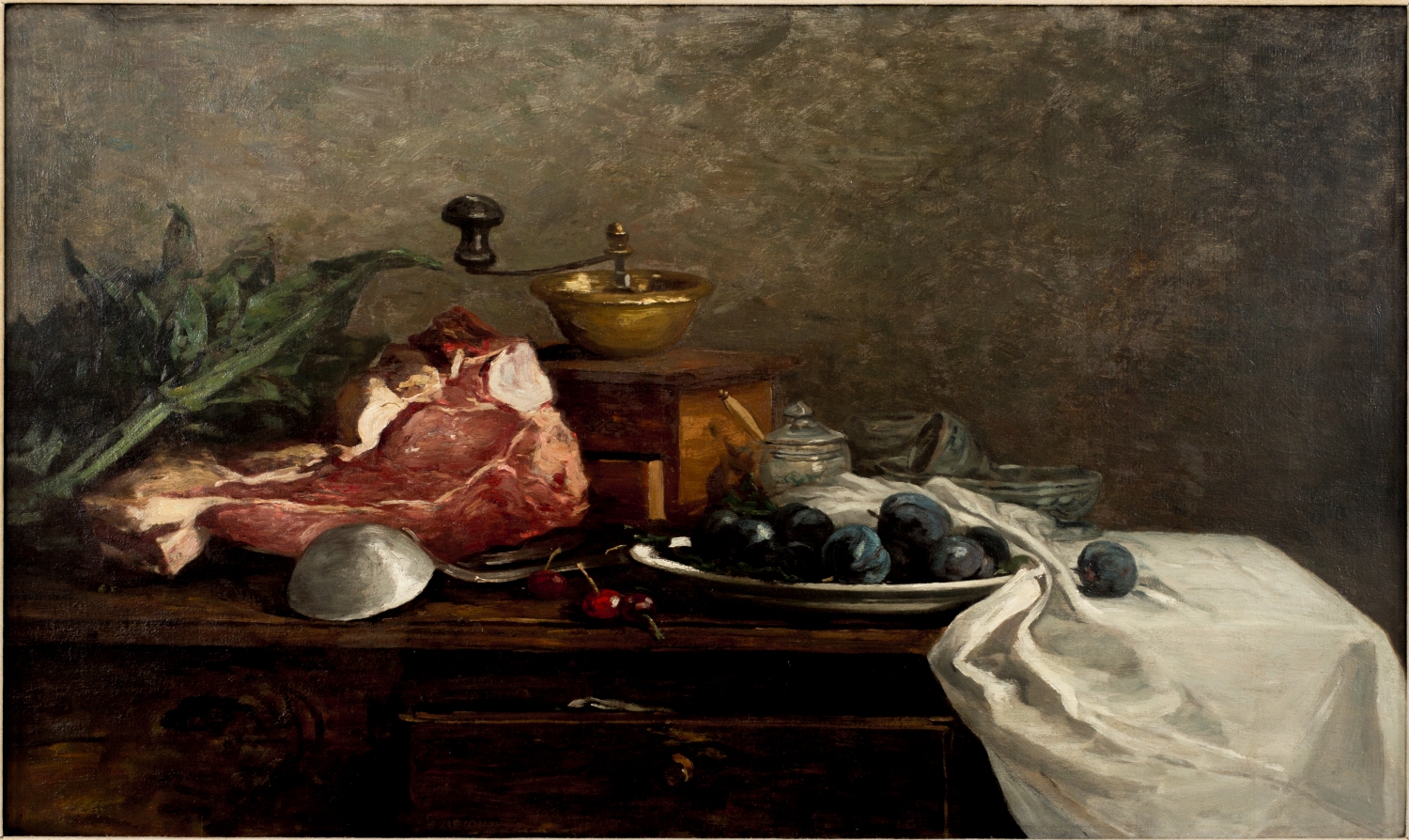 Eugène Boudin (French, 1824–1898). Still Life with Coffee Mill, c. 1856. Oil on canvas, 17 3/4 × 29 1/2". Philbrook Museum of Art, Tulsa, Oklahoma. Gift of Mr. and Mrs. Herbert Gussman, 1963.13.