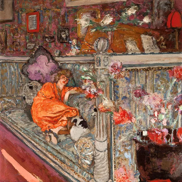 Édouard Vuillard (French, 1868-1940). Yvonne Printemps on the Sofa, 1919-21. Distemper on board, 47 1/4 x 31 5/8″. Philbrook Museum of Art, Tulsa, Oklahoma. Museum purchase, Taber Art Fund, 2025.18.
