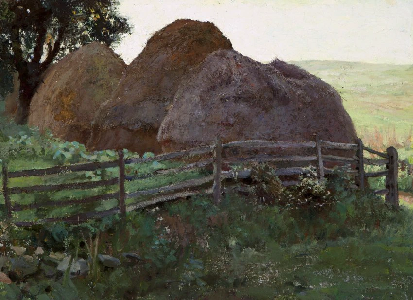 N. C. Wyeth (American, 1882–1945). Haystacks, c. 1908. Oil on canvas, 19 × 26". Philbrook Museum of Art, Tulsa, Oklahoma. Bequest of Marylouise Cowan, 2010.9.23. ©️ N. C. Wyeth