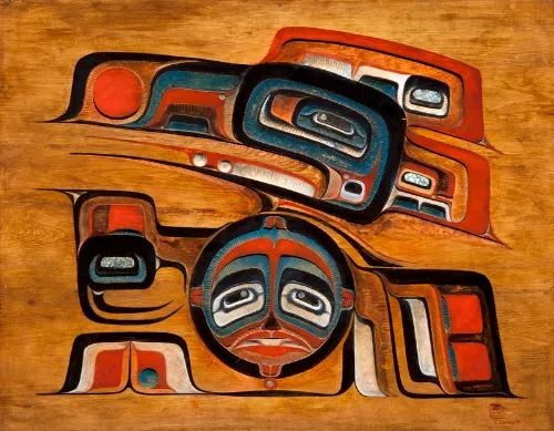 Lawney Reyes (Colville, b. 1931). Raven and Sun, 1966. Cedar, paint, and abalone shell, 27 13/16 × 36 × 1/2". Philbrook Art & Gardens, Tulsa, Oklahoma. Museum purchase, 1967.12. © Lawney Reyes