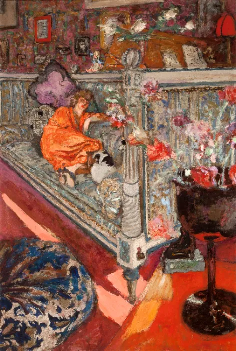 Édouard Vuillard (French, 1868-1940). Yvonne Printemps on the Sofa, 1919-21. Distemper on board, 47 1/4 x 31 5/8″. Philbrook Museum of Art, Tulsa, Oklahoma. Museum purchase, Taber Art Fund, 2025.18.