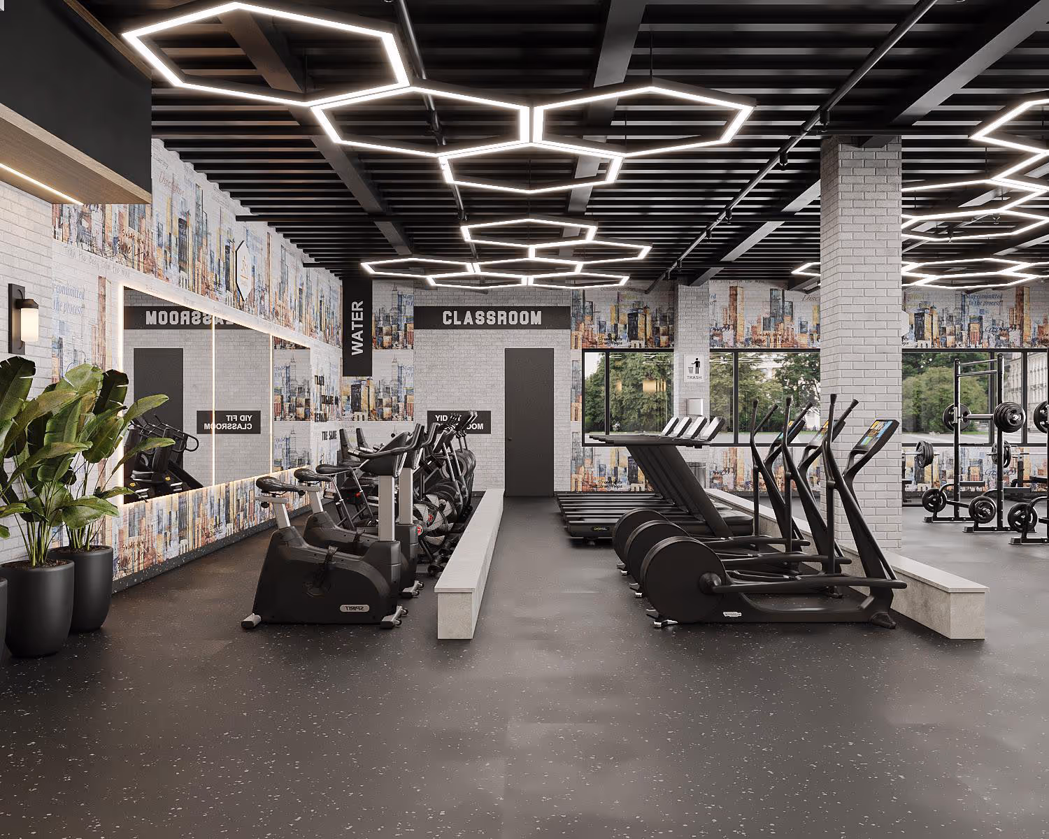Modern gym room with stationary bikes, treadmills, elliptical machines, weights, large windows, and distinctive hexagonal ceiling lights.