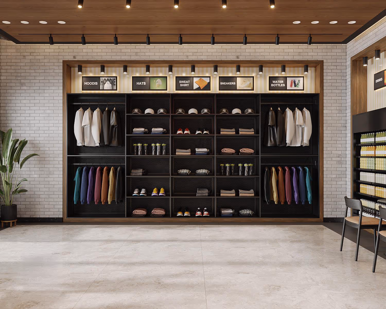 Retail display wall with neatly arranged hoodies, hats, sweatshirts, sneakers, and water bottles under warm lighting.