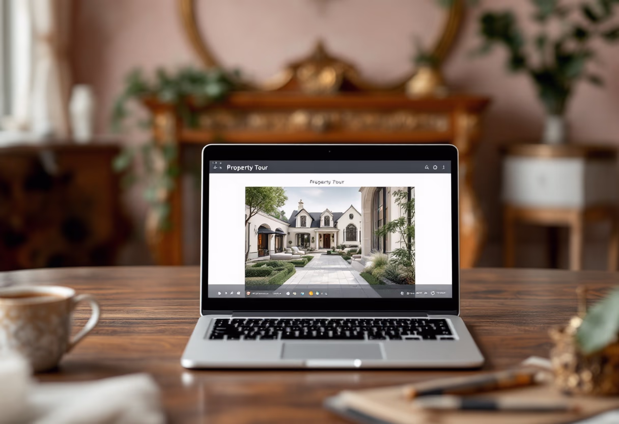 Laptop on a desk showing an online property tour