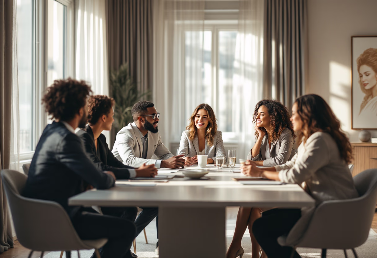 Team meeting around a conference table in a bright office
