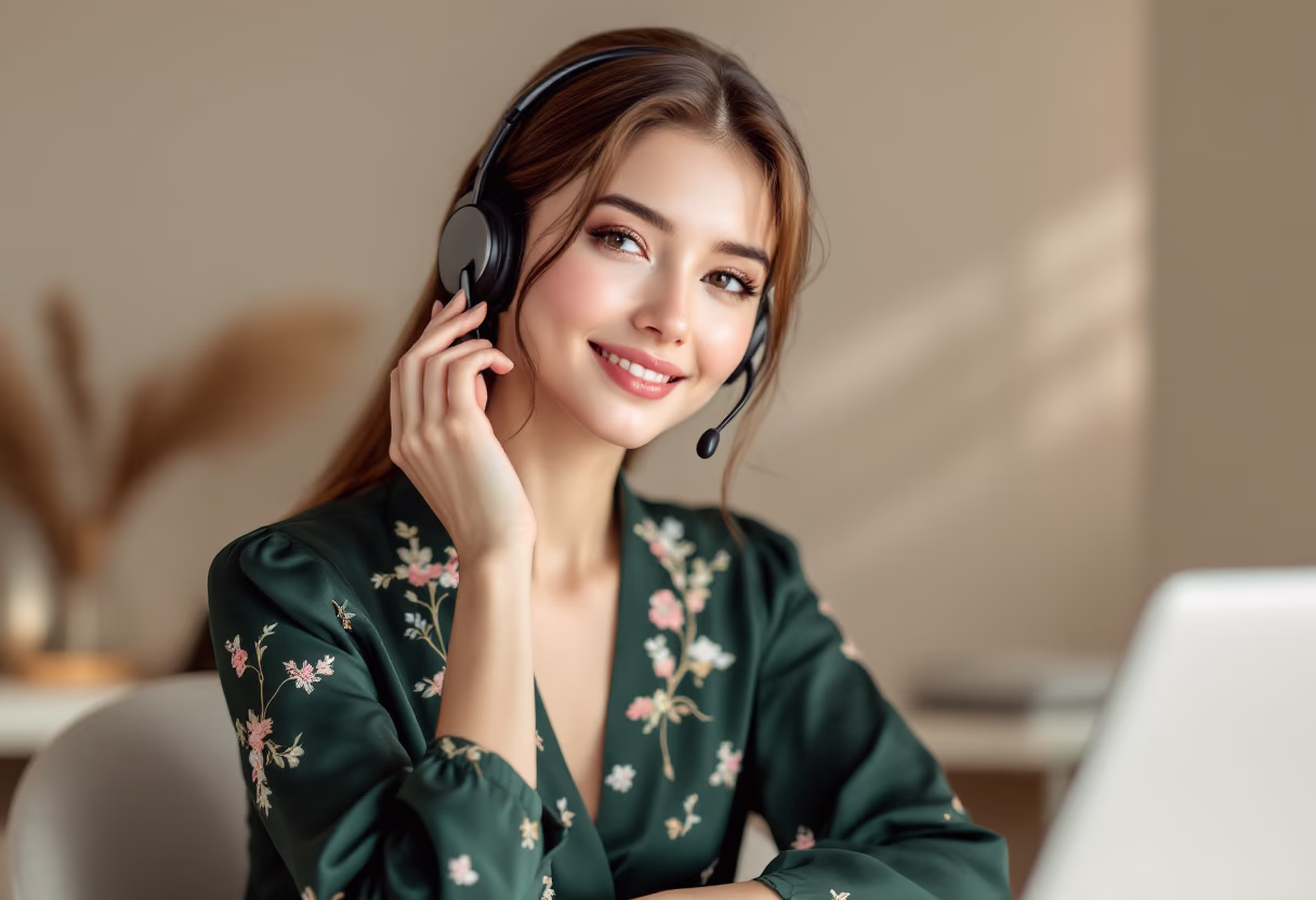 Support agent wearing a headset at a desk