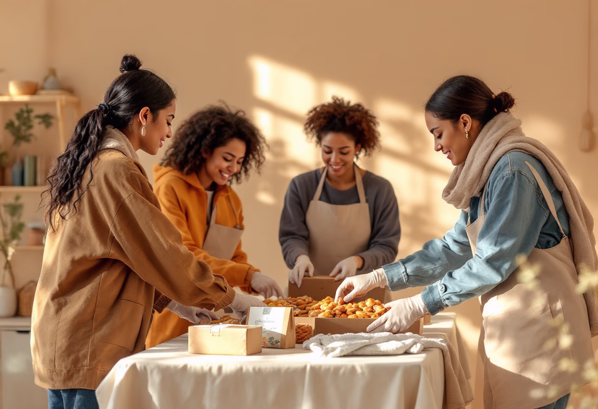 Four people preparing food together at a table