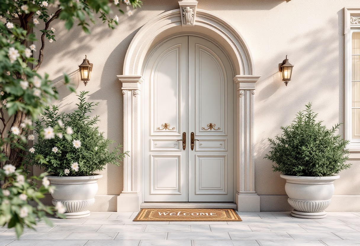 Arched white double doors with a welcome mat at a home entrance