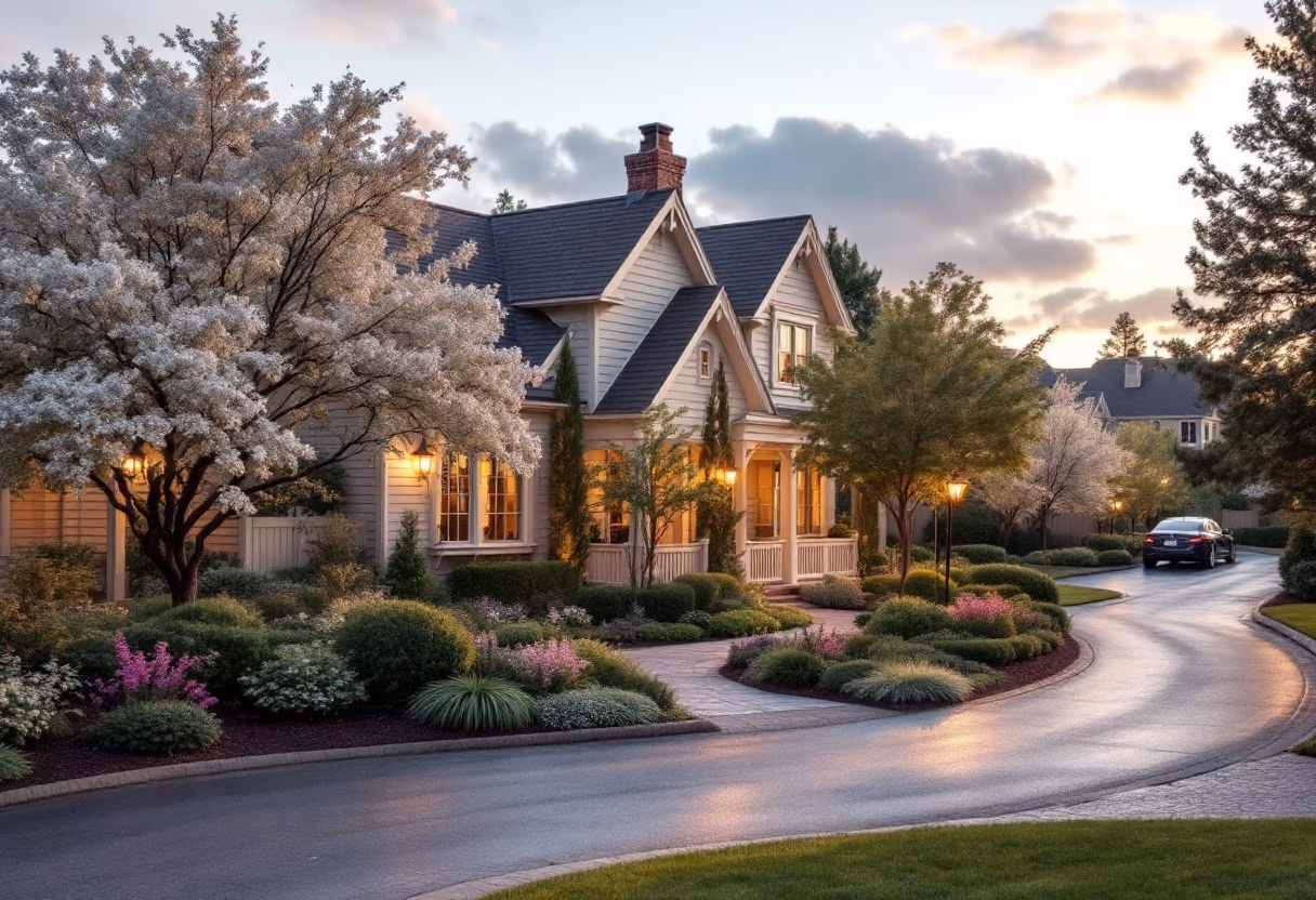Two-story suburban home with landscaped gardens at dusk