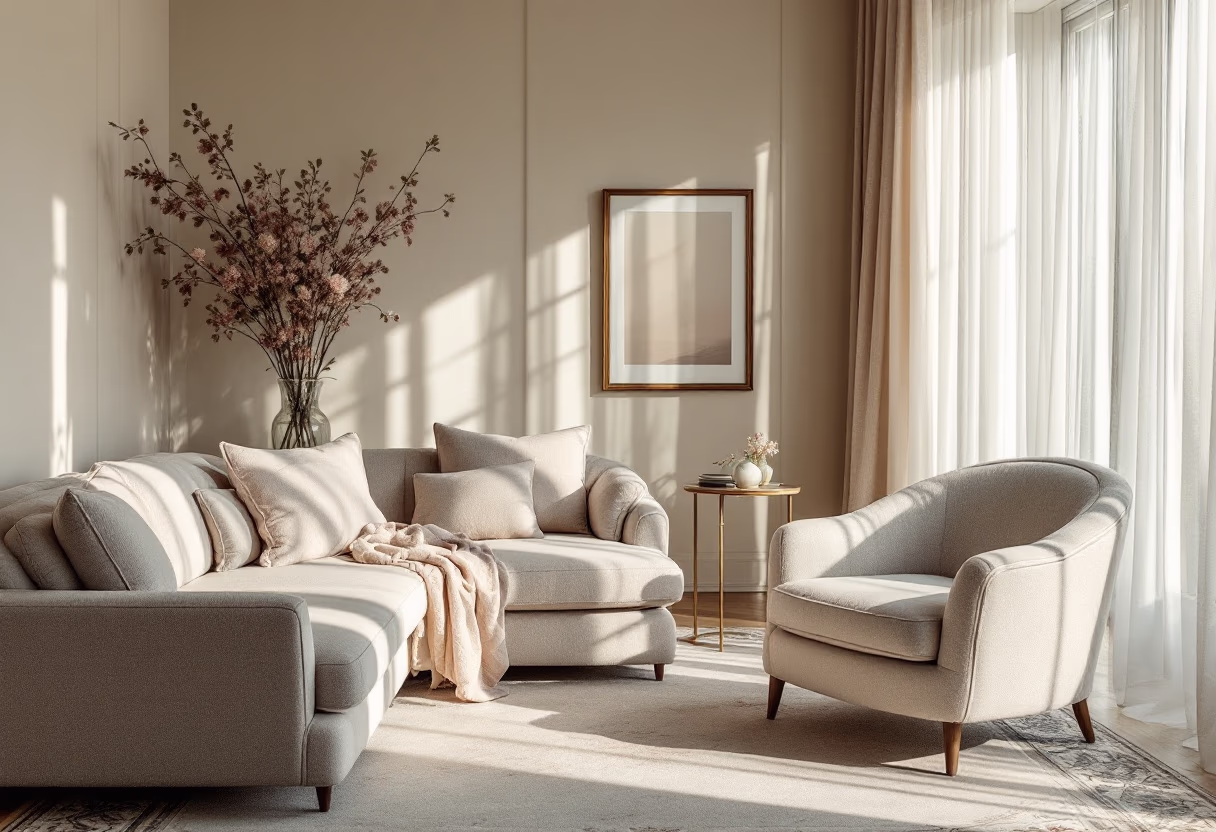 Sunlit living room with a cream sectional sofa
