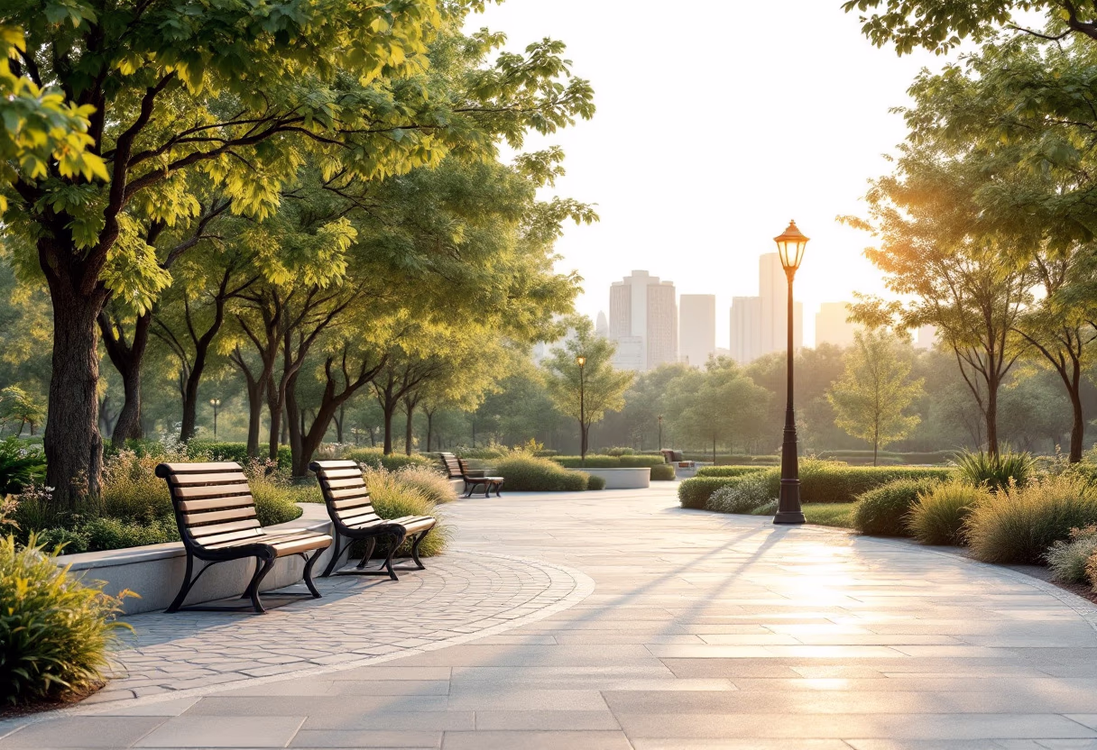 Tree-lined city park path with benches at sunrise