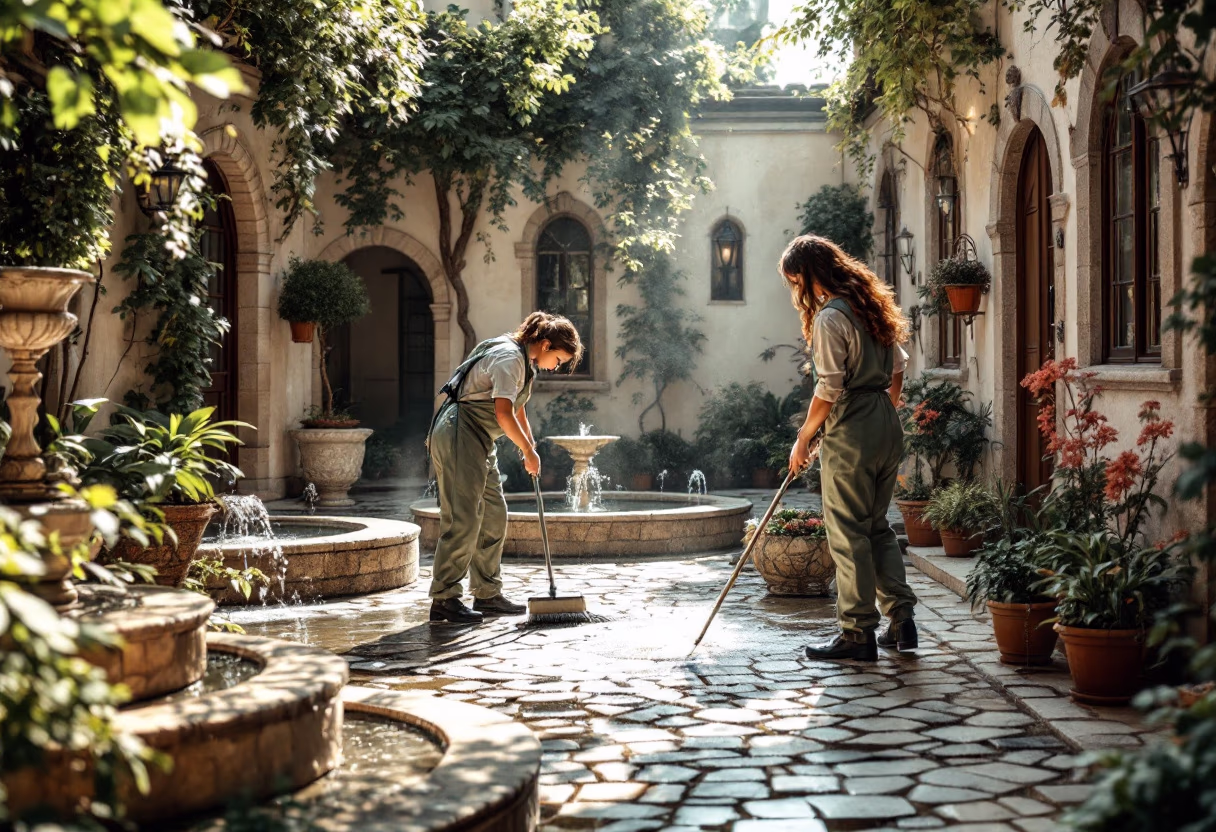 Two workers cleaning a courtyard with a fountain