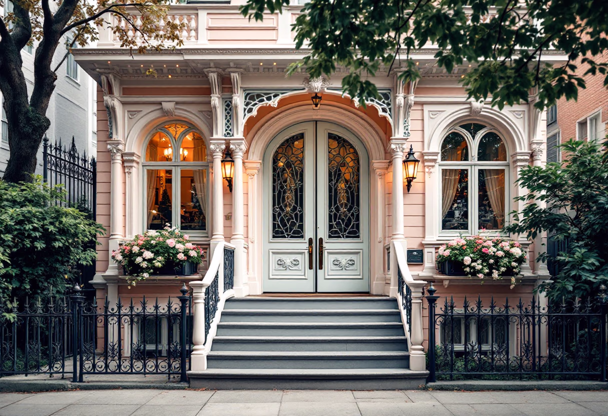 Ornate historic townhouse entrance with steps and iron railings