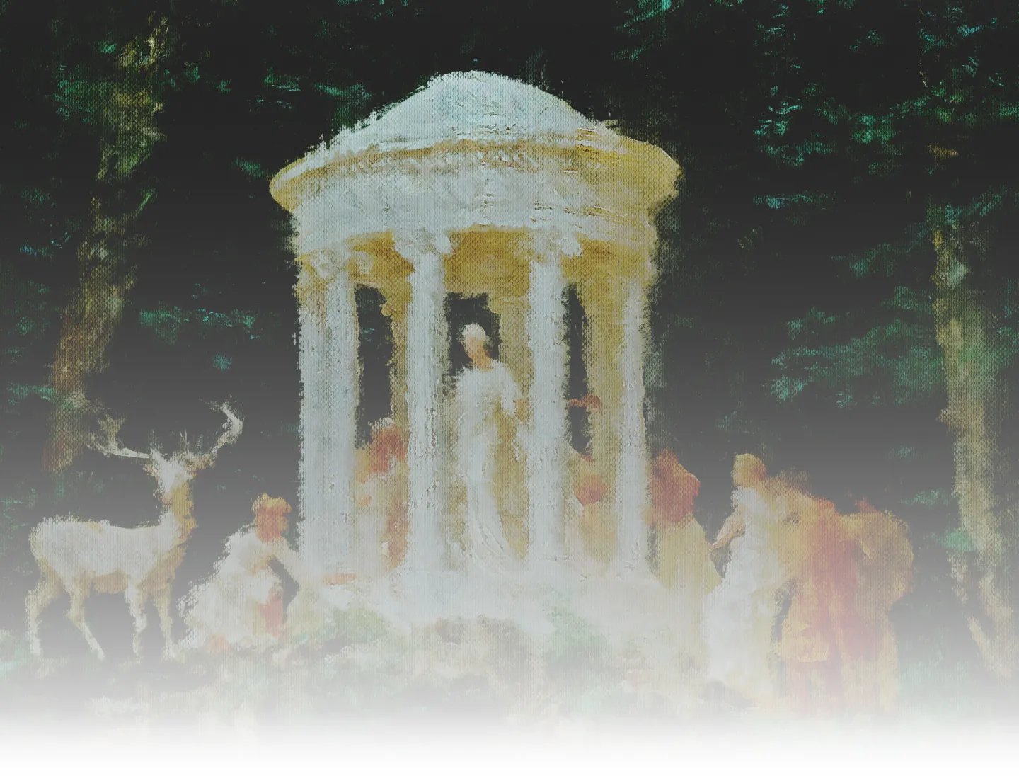 Impressionist painting of a white deer and people near a round temple in a forest.