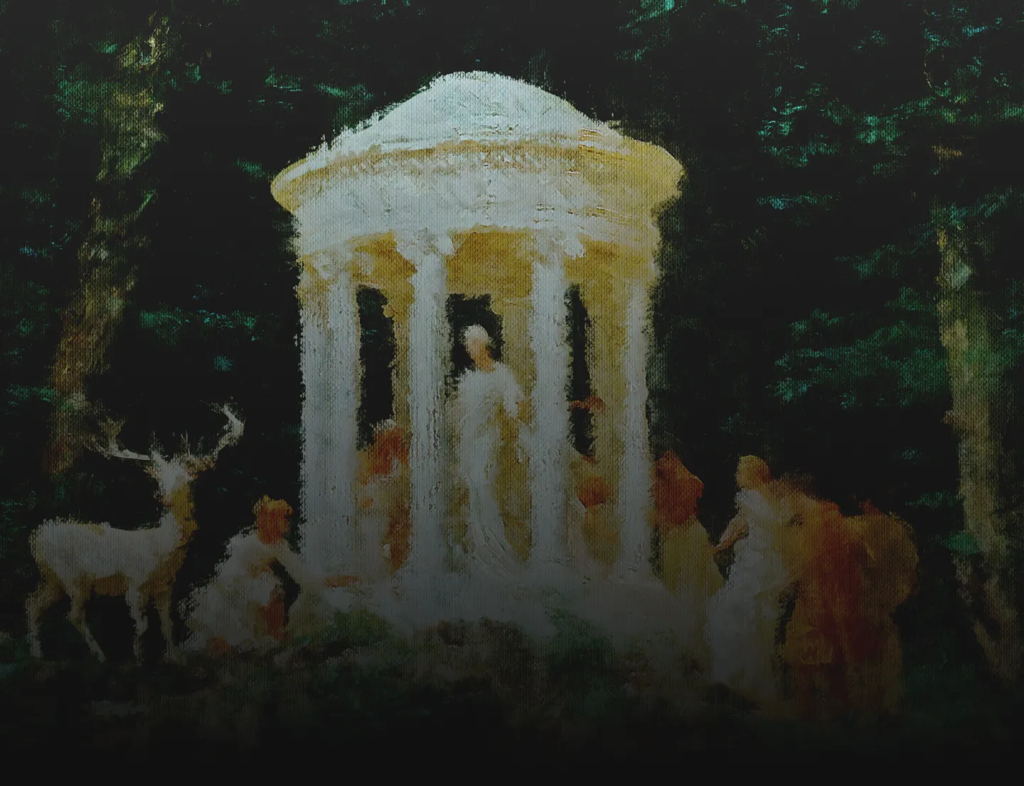 Painted scene of a white temple with figures and a deer in a dark forest setting.
