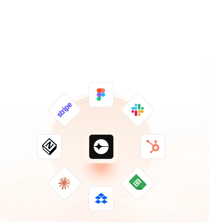 Eight tech app icons arranged in a circle around a central black icon with a white star symbol.