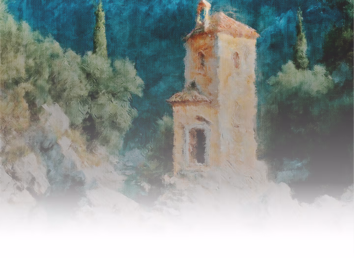 Painting of a tall rustic stone tower surrounded by green trees and rocky terrain.
