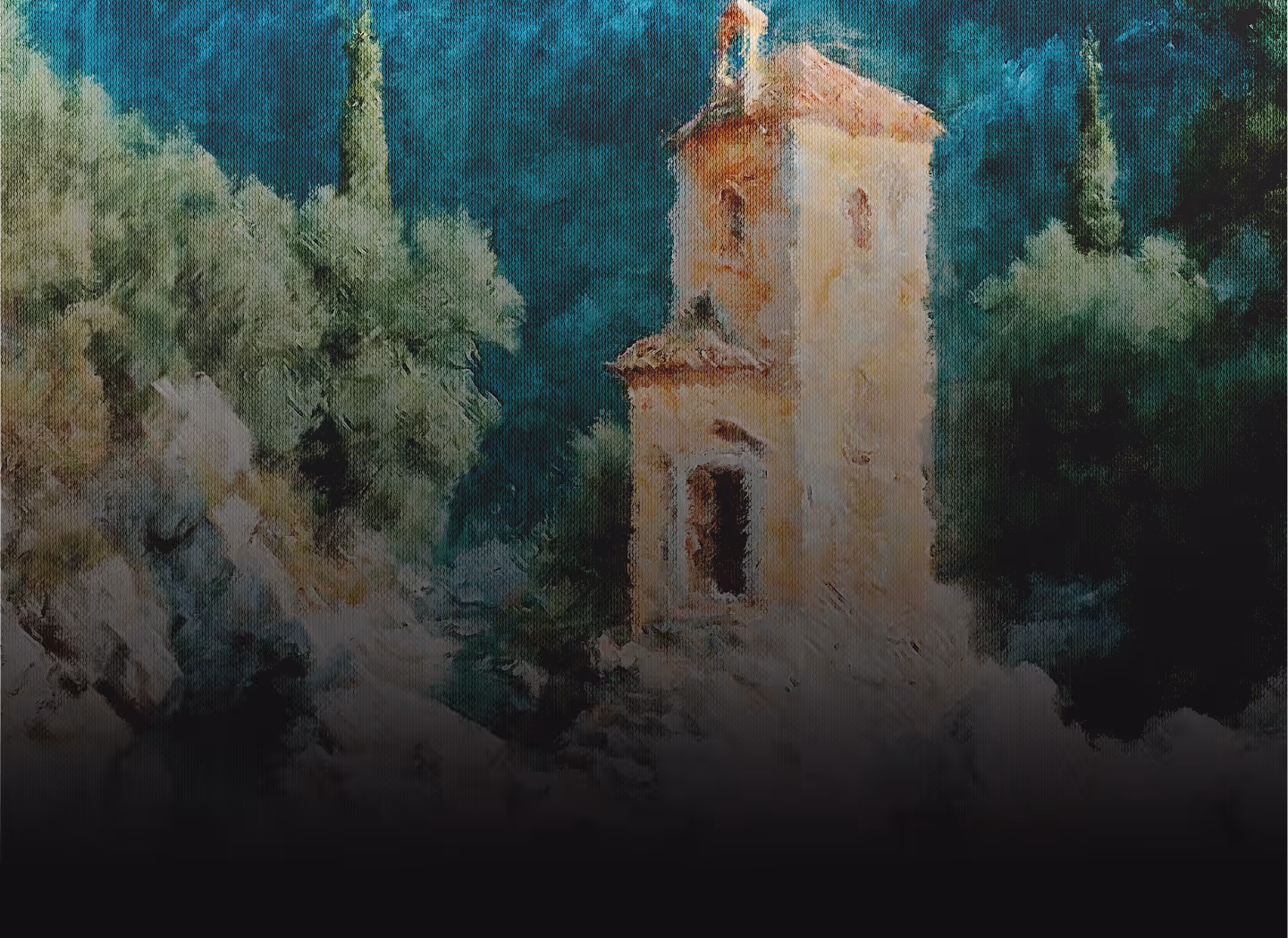 Painting of a small tower surrounded by dense green trees under a blue sky.