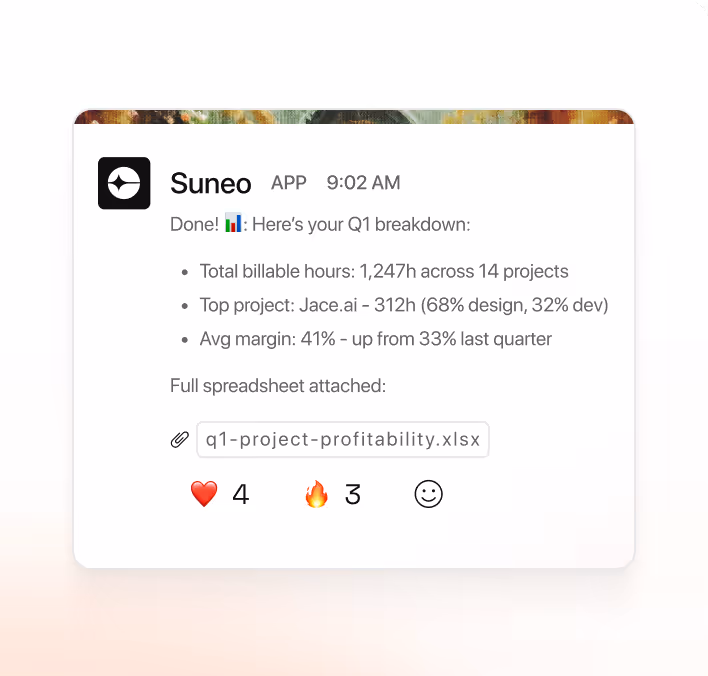 Message from Suneo app showing Q1 report: 1,247 billable hours, top project Jace.ai 312h, margin 41%