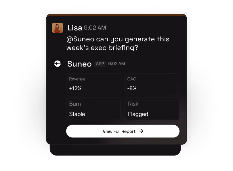 Chat message where Lisa asks a bot named Suneo to generate a report showing revenue +12%, CAC -8%, burn stable, risk flagged.