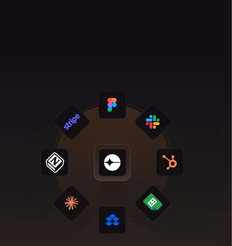 Central app icon surrounded by icons of Stripe, Figma, Slack, Notion, HubSpot, Dropbox, and others.