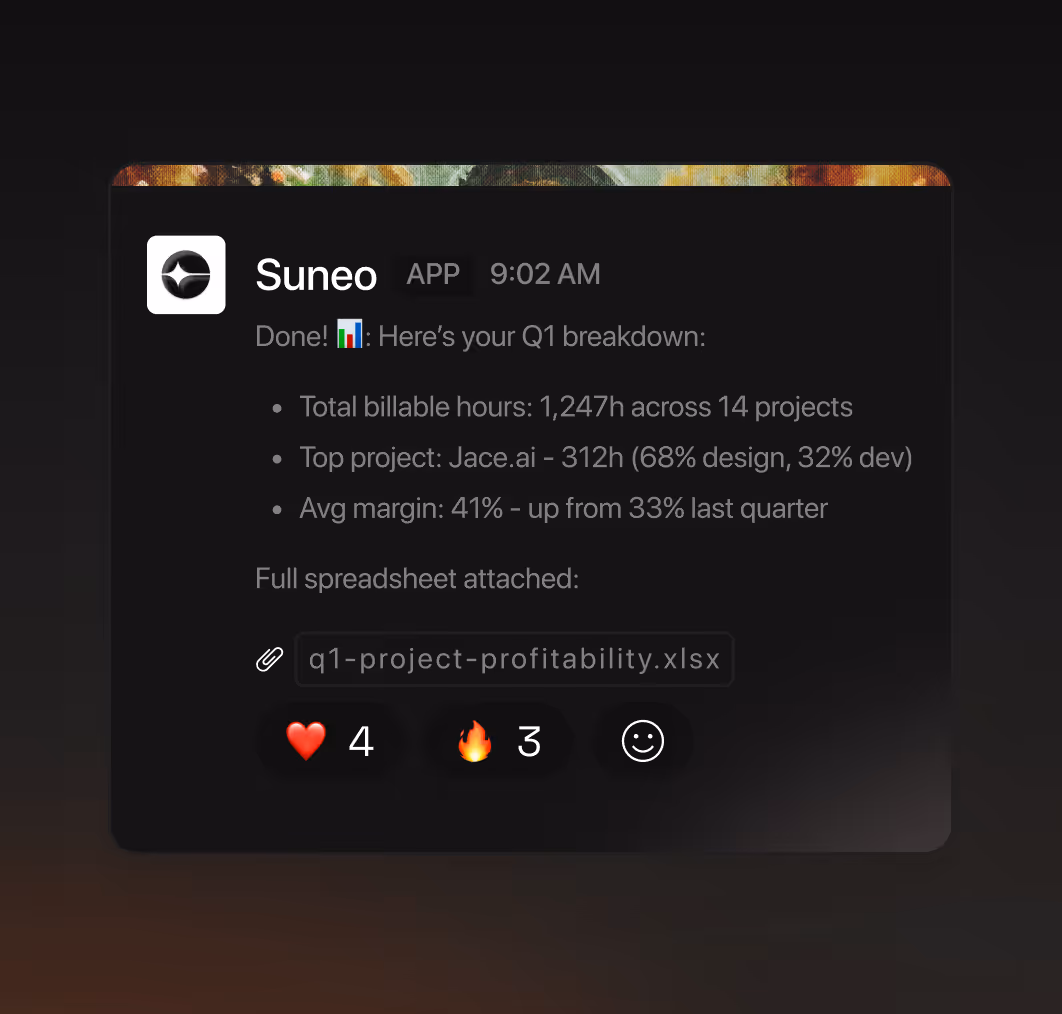 Suneo app message showing Q1 breakdown with billable hours, top project, margin, and attached spreadsheet.