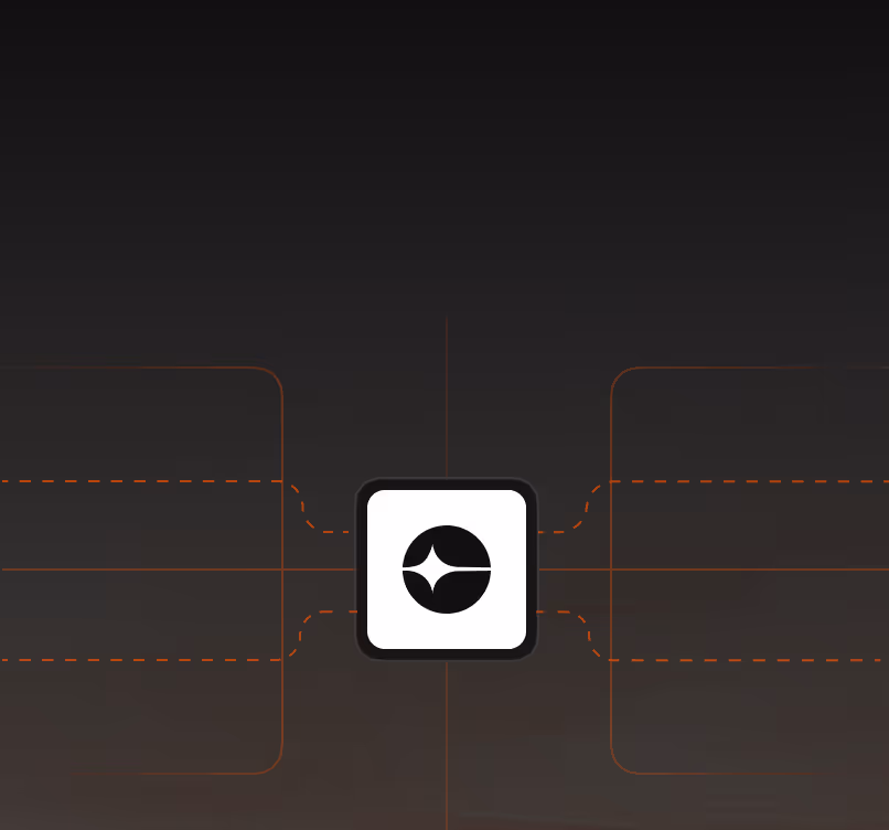 White square icon with a black circle and a star shape in the center on dark background with orange grid lines.