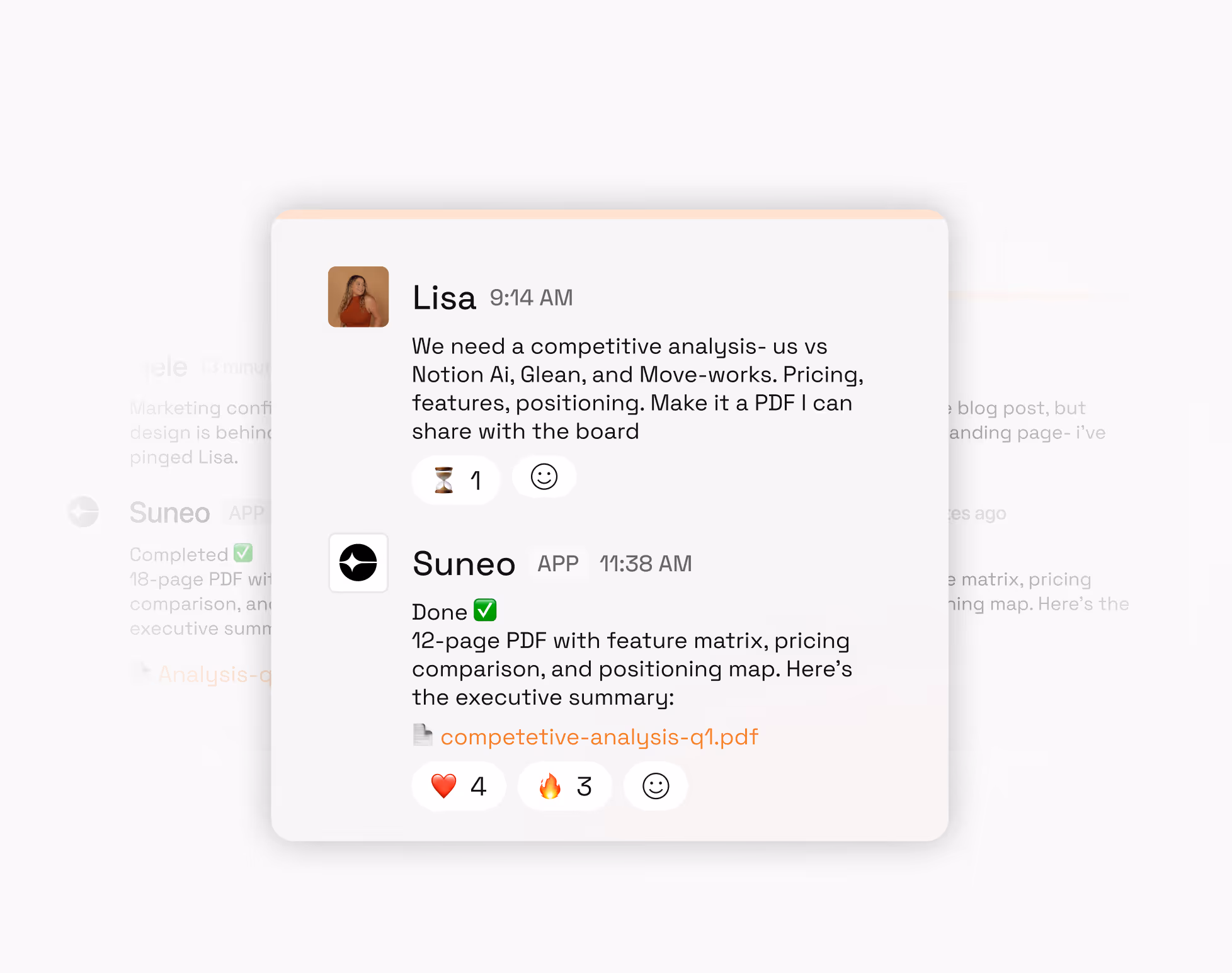 Chat between Lisa requesting a competitive analysis PDF and Suneo confirming completion with a 12-page report.