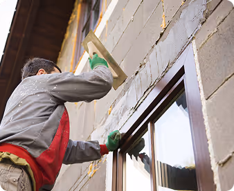 Person trägt graue Jacke und grüne Handschuhe, während sie Fassade eines Gebäudes mit Kelle verputzen.