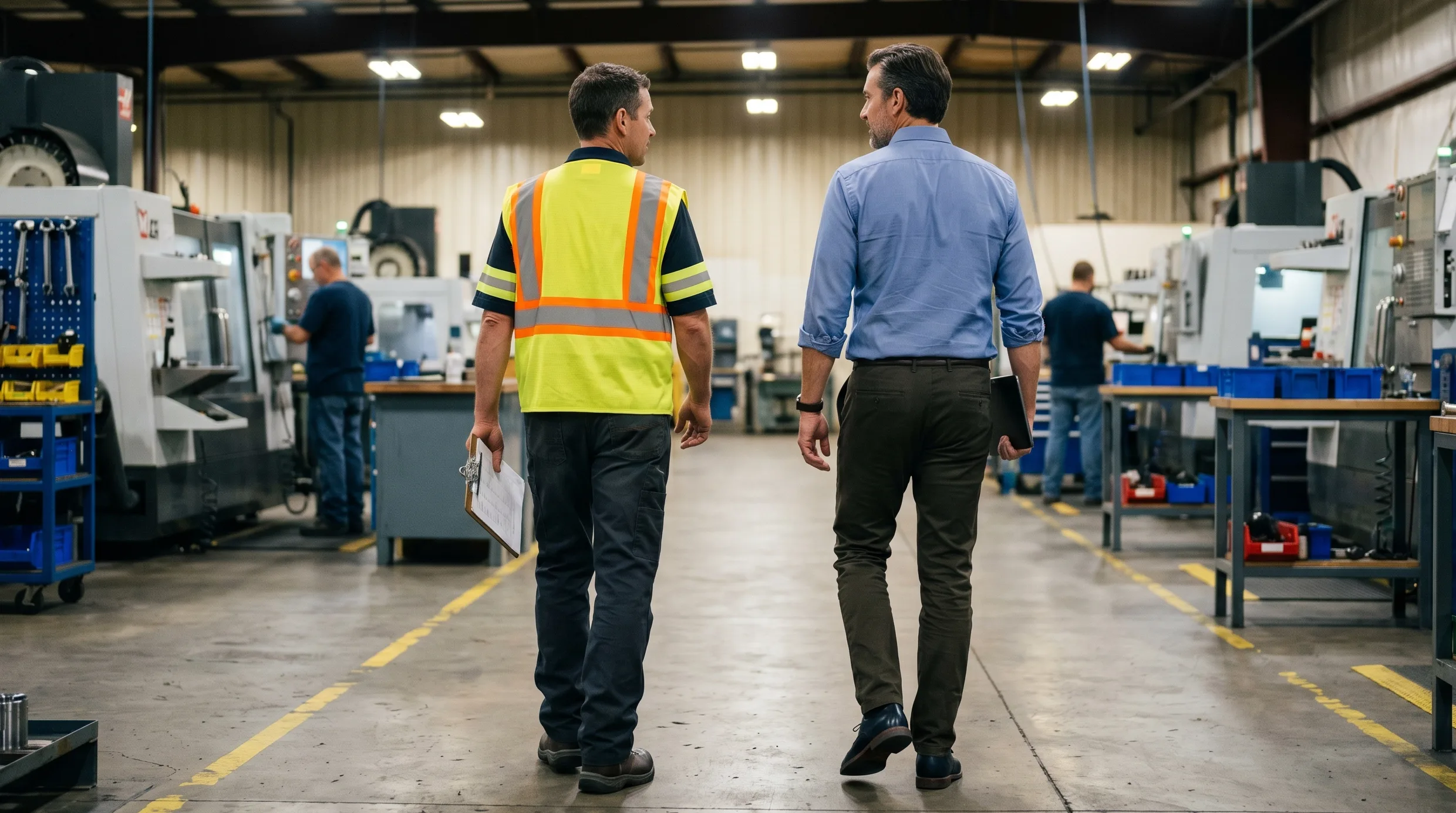 Senior Gray Matter Logic consultant walking a manufacturing floor alongside a plant operations director during an Implementation Blueprint onsite diagnostic