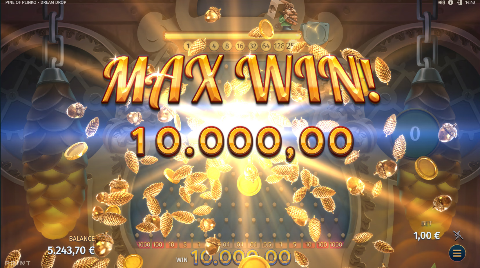 Pine of Plinko max win screen showing a 10,000x payout of 10,000.00 euro from a 1.00 euro bet in the Print Studios Dream Drop slot, with the stage meter reading 1 to 256 and the Plinko bucket strip from 0.1x to 1000x visible below