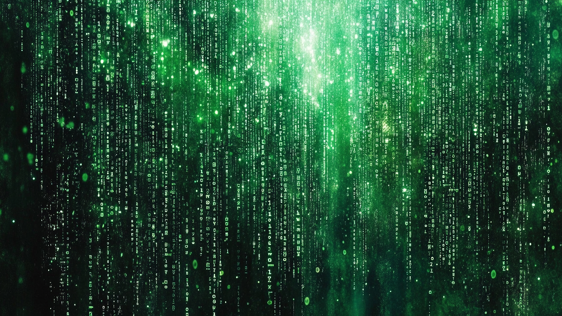 Abstract digital matrix code with green glowing vertical lines of numbers and symbols on a dark background.