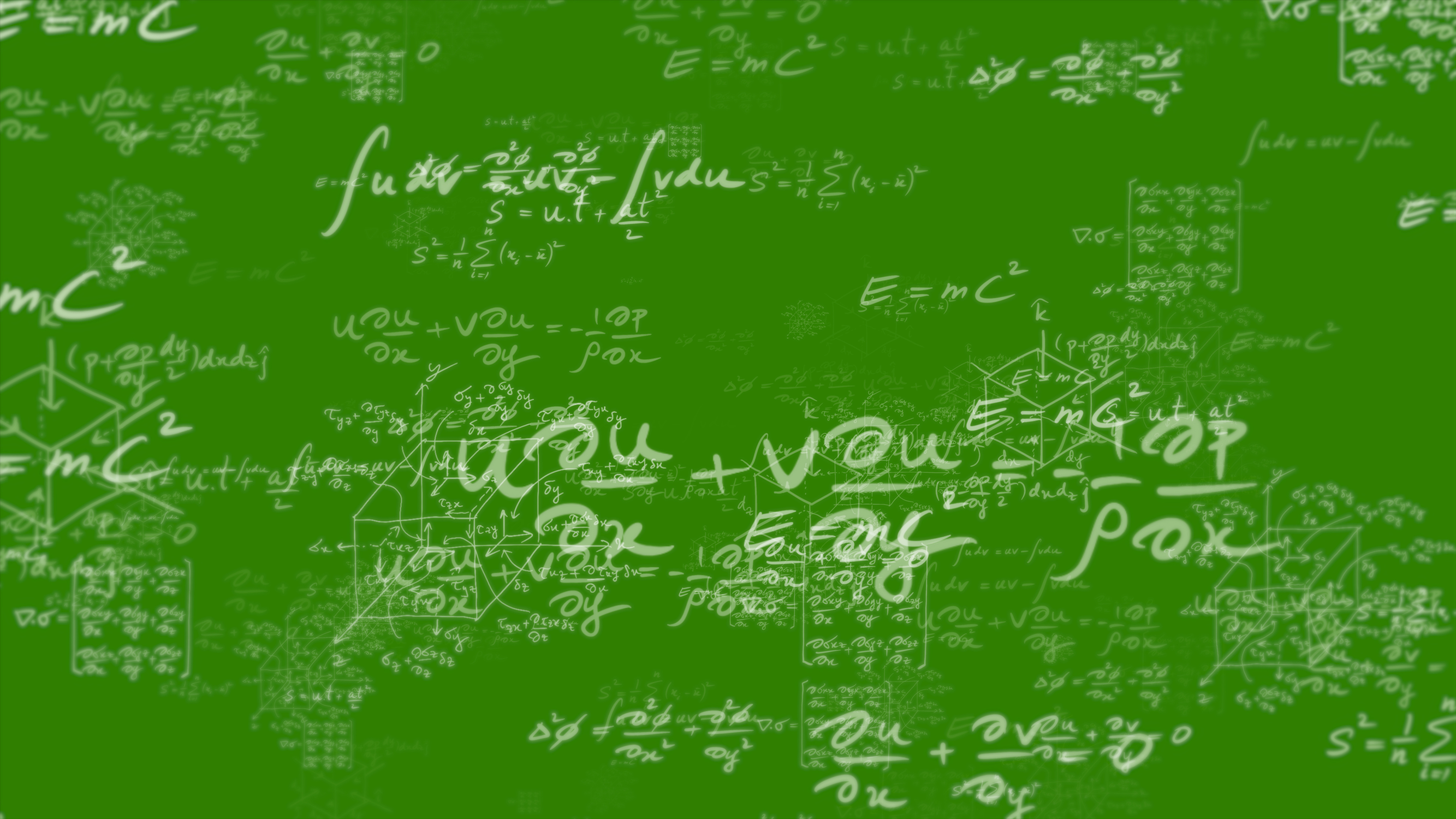 Green background with white mathematical and physics equations and diagrams, including formulas like E=mc² and various integrals.