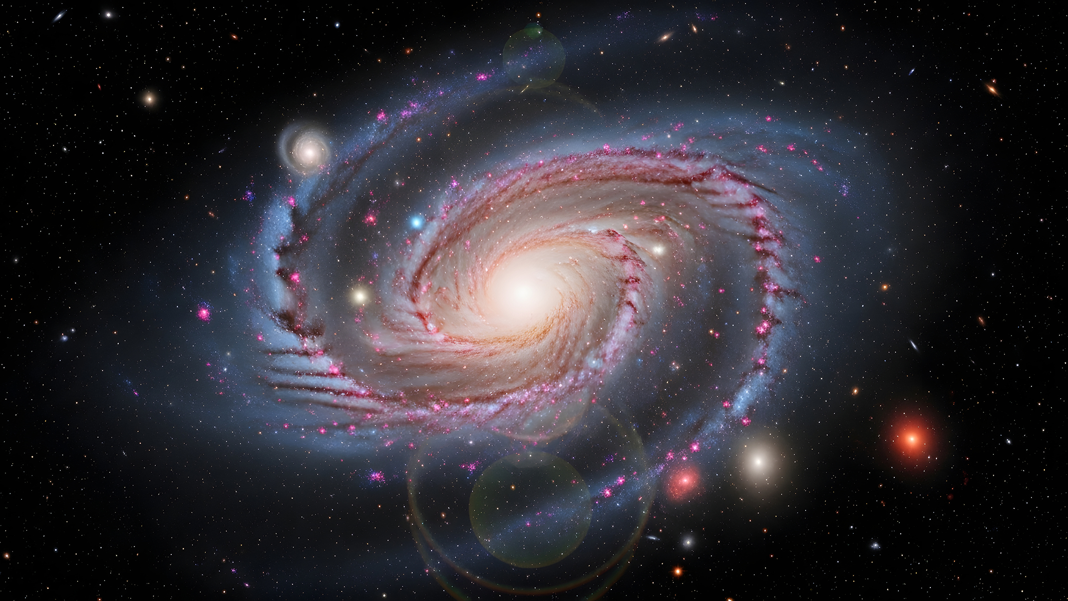 Spiral galaxy with bright core, blue arms, and pink star-forming regions against a star-filled black space background.