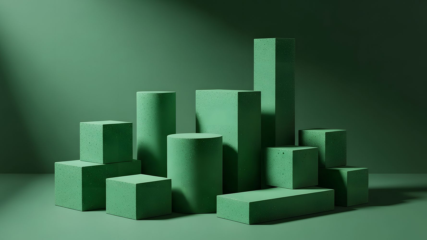 Arrangement of green geometric shapes including cubes, cylinders, and rectangular prisms on a green surface with a green background.
