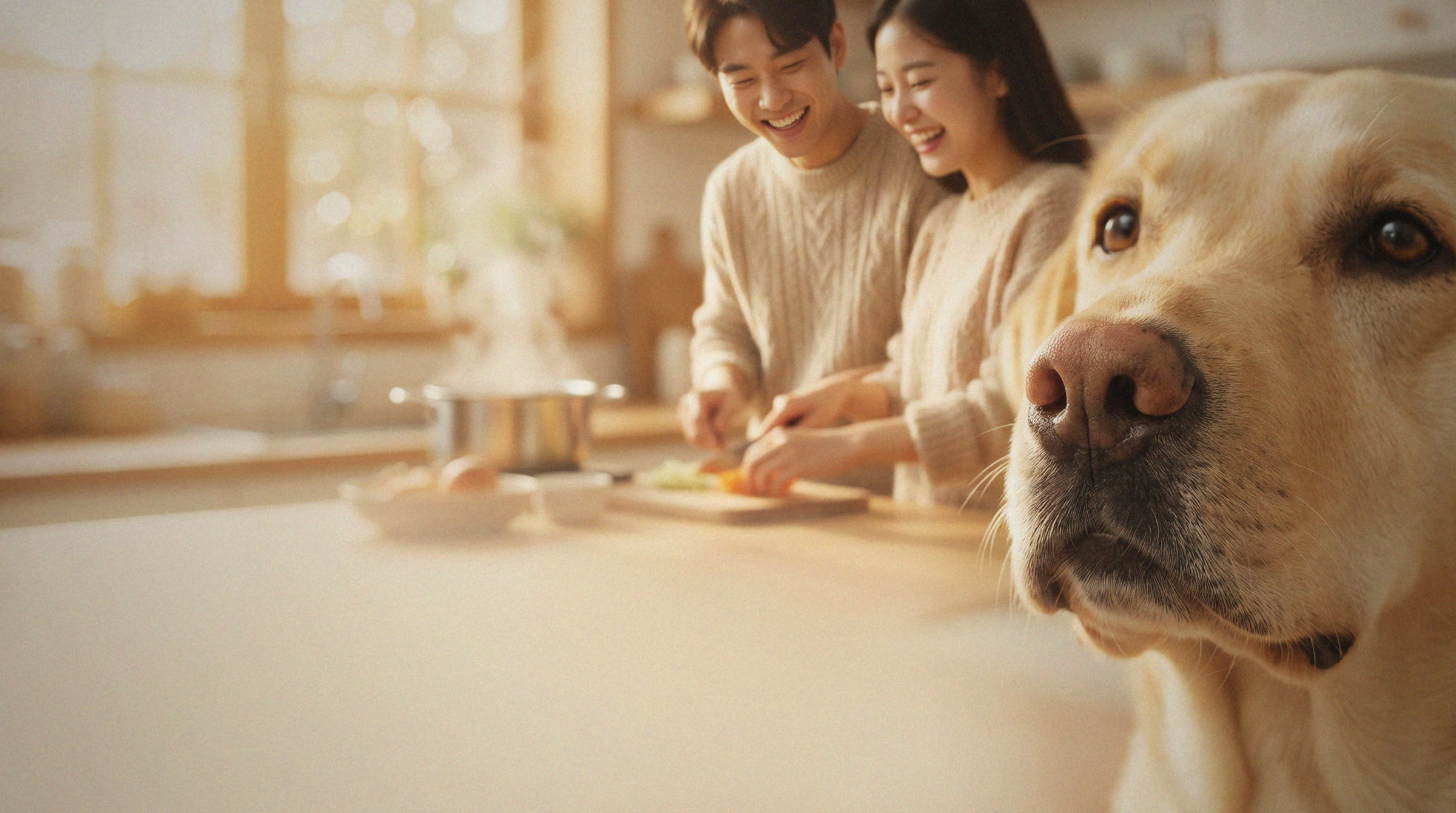 A golden retriever in warm morning light, with a family sharing breakfast behind