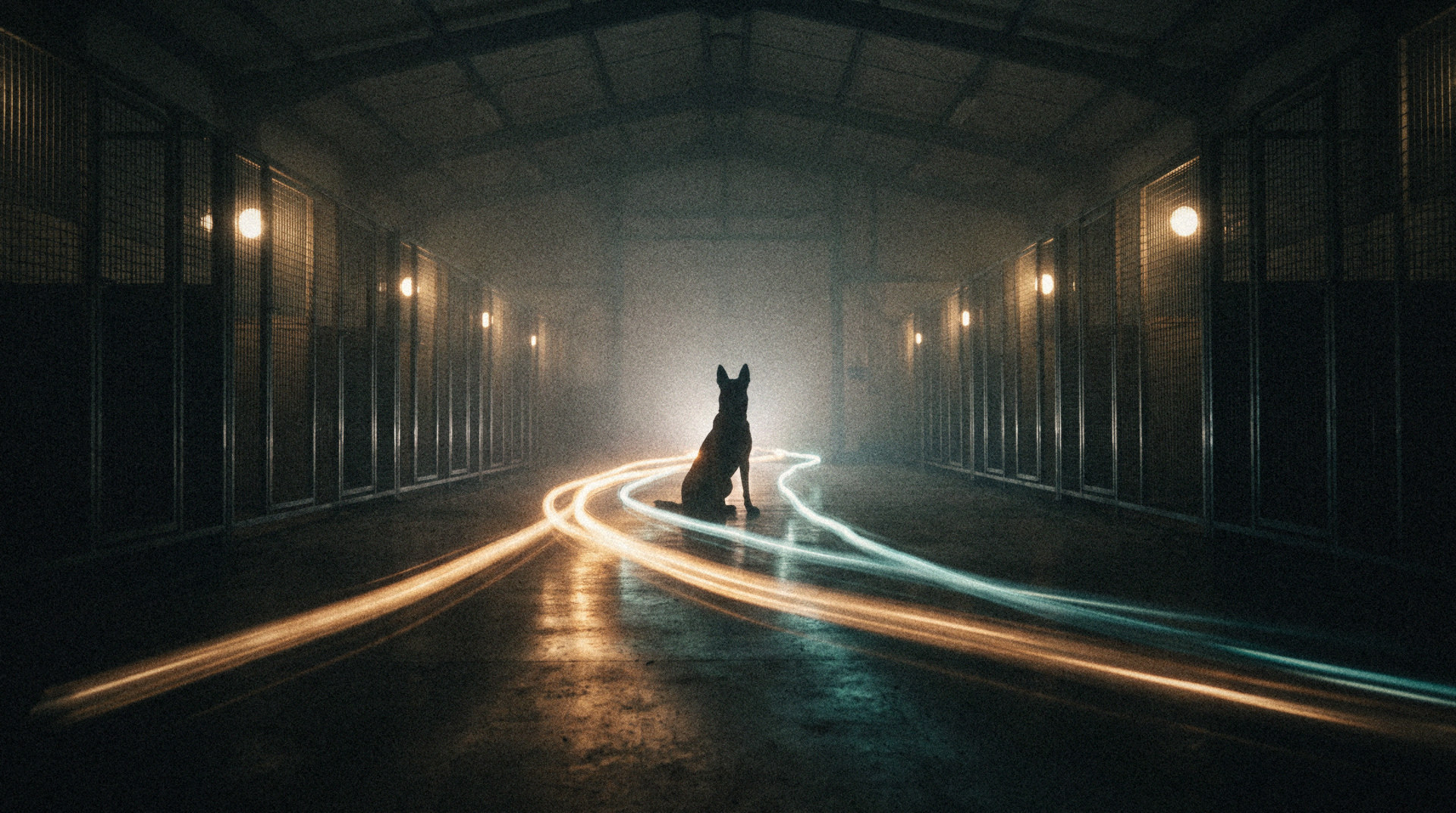 A working dog silhouetted at the end of a foggy kennel corridor, with amber and teal light trails along the floor