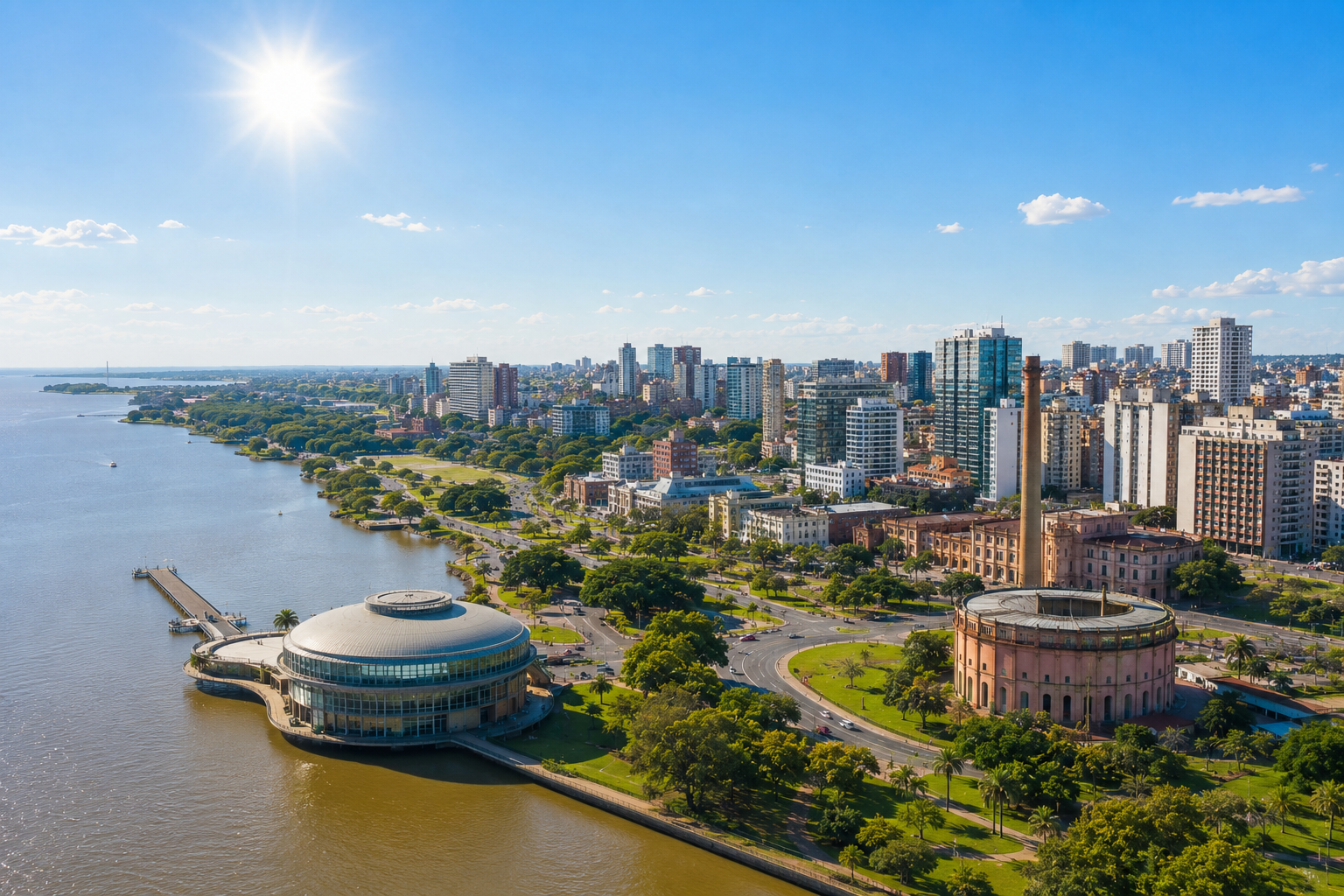 Vista aérea de Porto Alegre com o Guaíba e o Usina do Gasômetro
