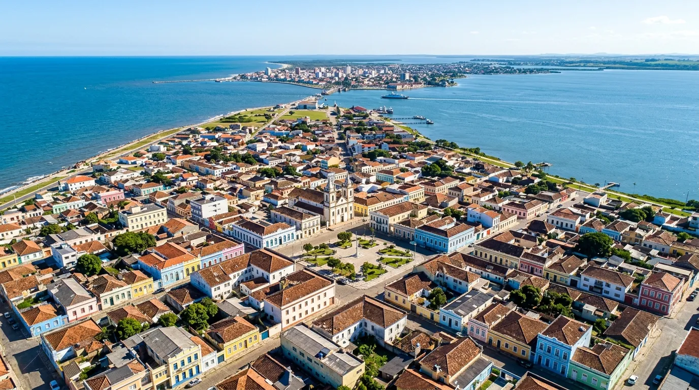 Vista de São José do Norte, RS — faixa costeira entre o oceano e a Lagoa dos Patos