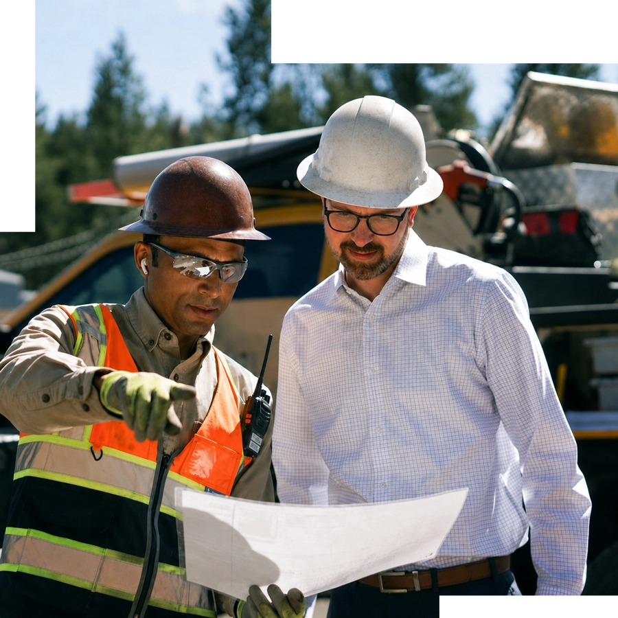 Grant Wiltshire reviewing plans with construction worker