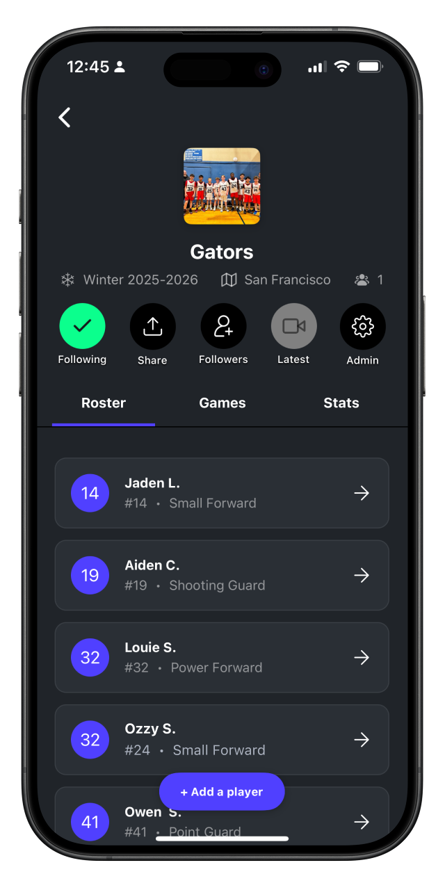 Mobile app screen showing basketball team roster 