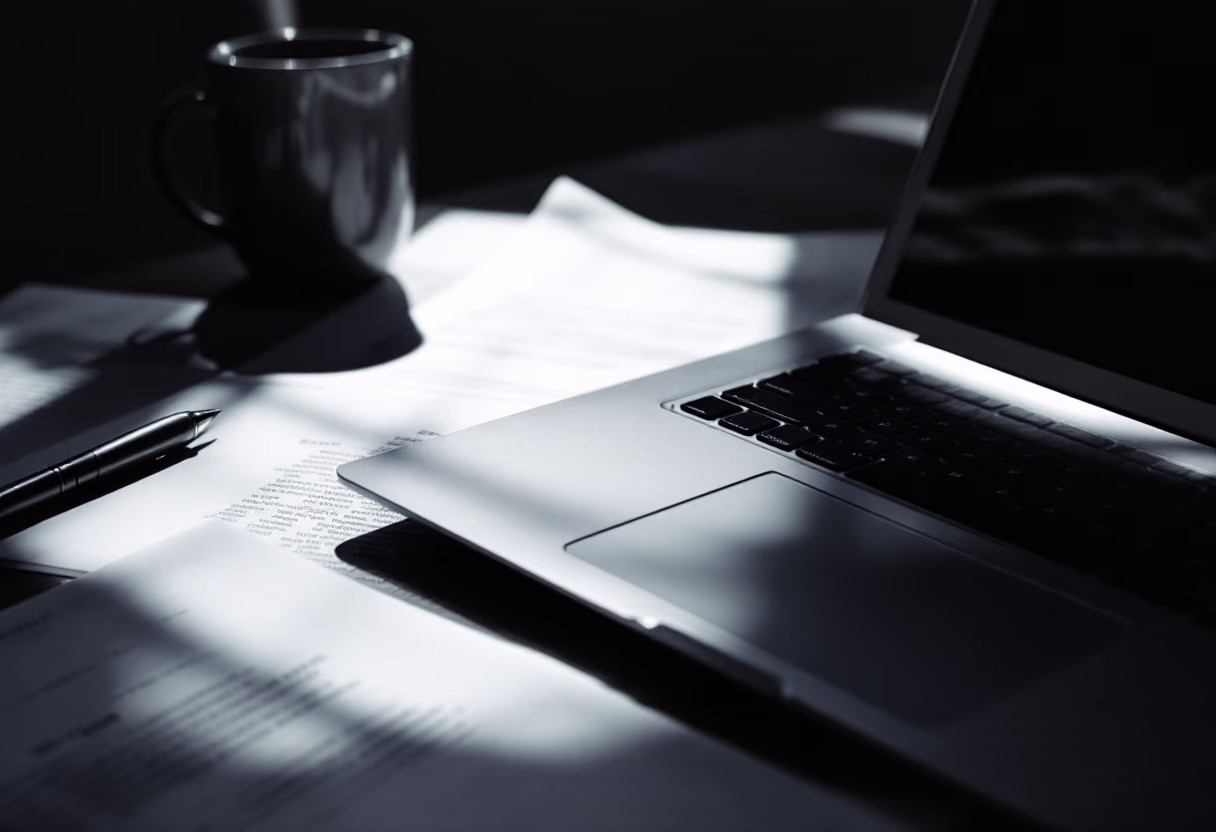 [background image] image of a work desk with a laptop and documents (for a ai legal tech company)