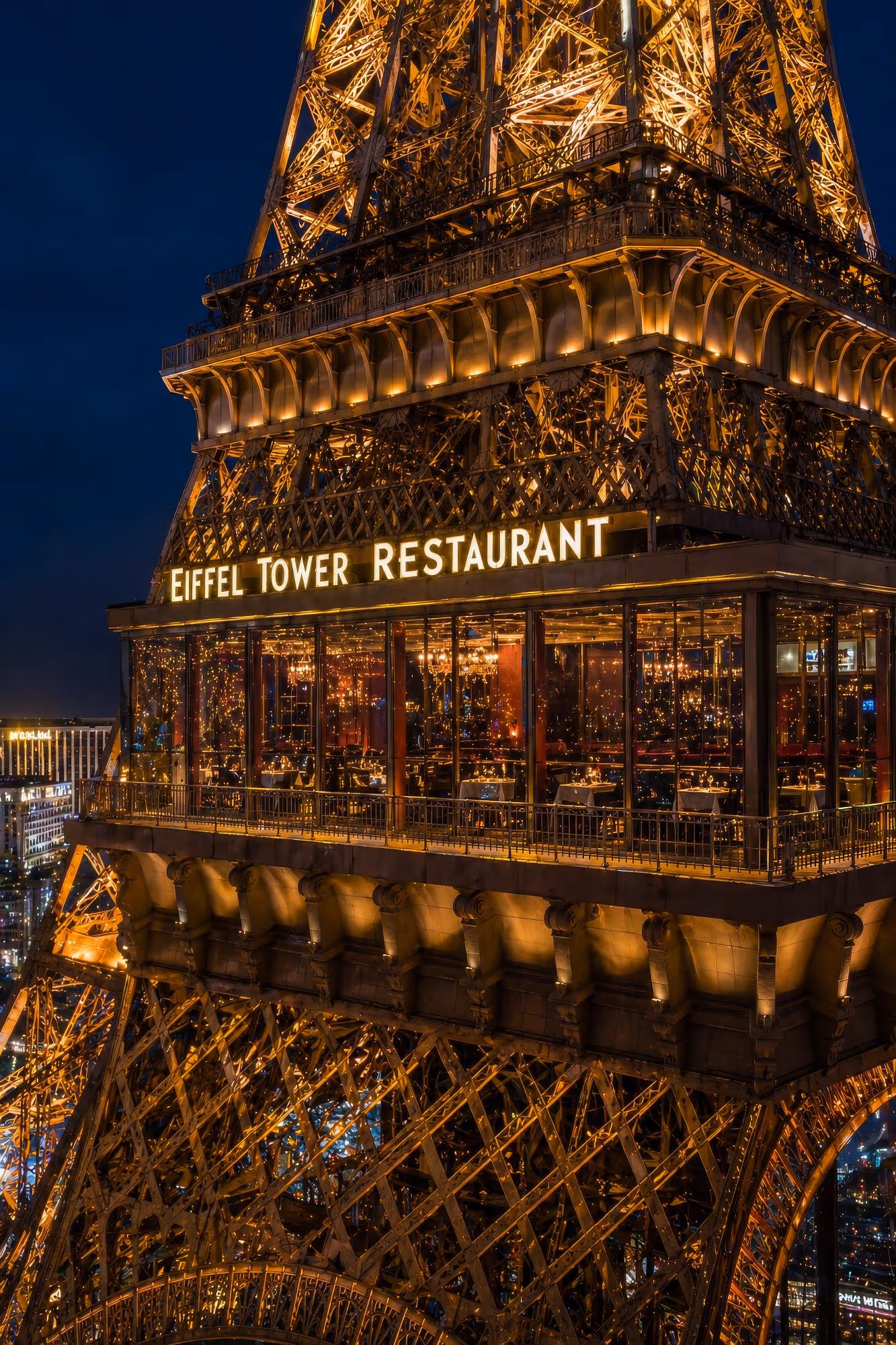 Eiffel Tower Restaurant exterior at night