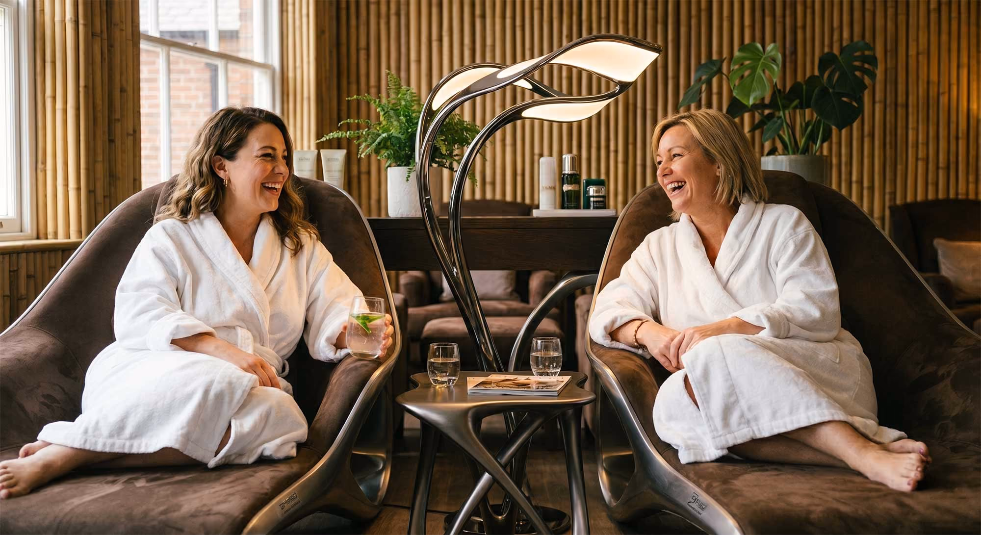 women smiling and chatting with each other while wearing white robes at a spa