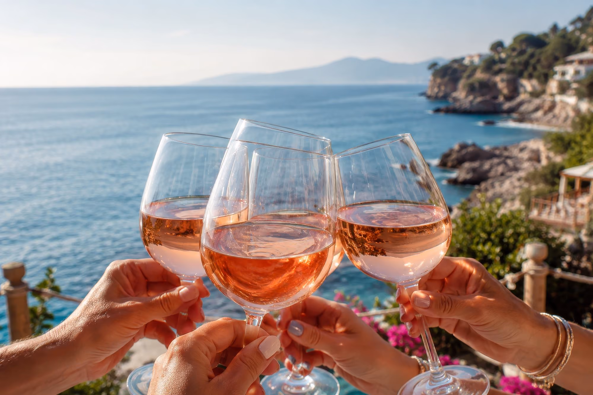 people holding up their Rosé wine glasses to cheers