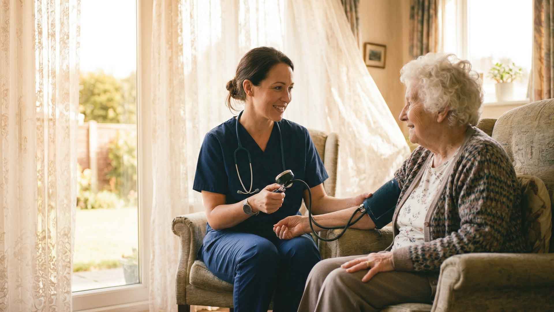 Assisted living facility healthcare professional in navy scrubs measuring blood pressure of an elderly woman sitting in a living room.