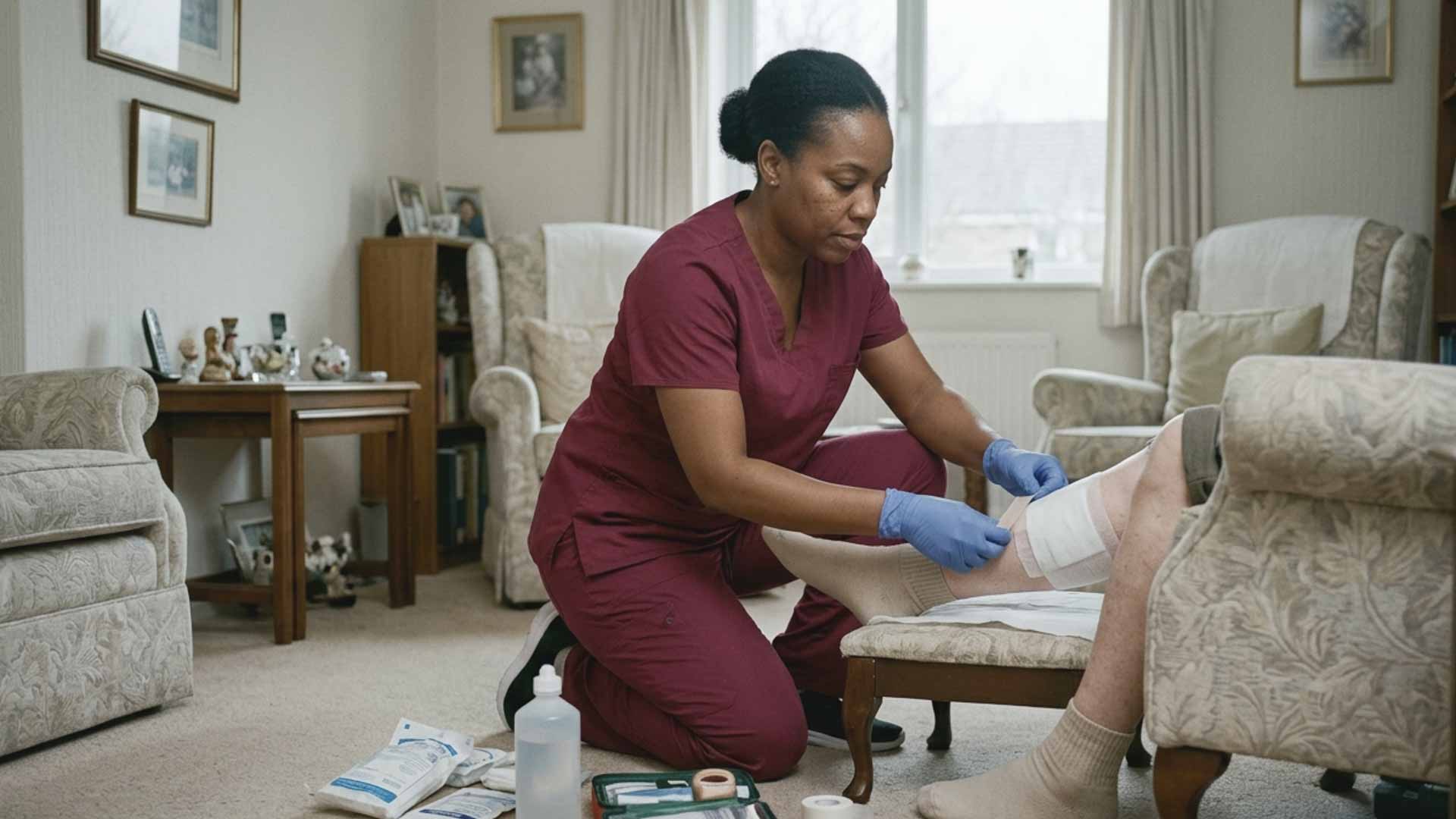 Home health nurse in maroon scrubs providing wound care, applying a bandage to an elderly person's leg in a living room.