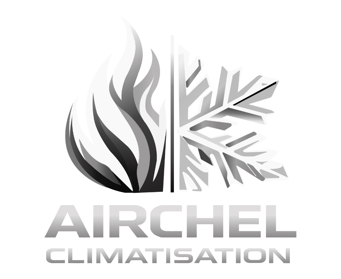 Logo d'AIRCHÉL CLIMATISATION avec une flamme orange à gauche et un flocon de neige bleu à droite, symbolisant le chauffage et la climatisation.