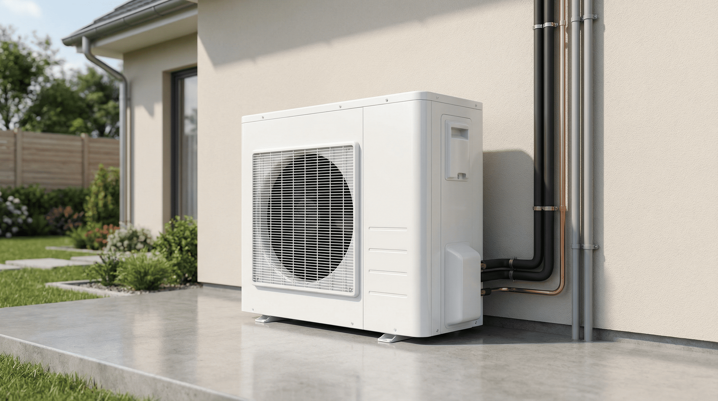 Unité de thermopompe blanche installée sur une dalle en béton à l'extérieur d'une maison résidentielle.